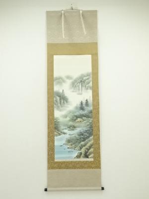 白映筆　彩色山水　肉筆絹本掛軸（保護箱）